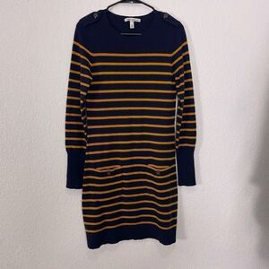 Autumn Cashmere Blue & Yellow Striped 100% Cashmere Long Sleeve Sweater Dress